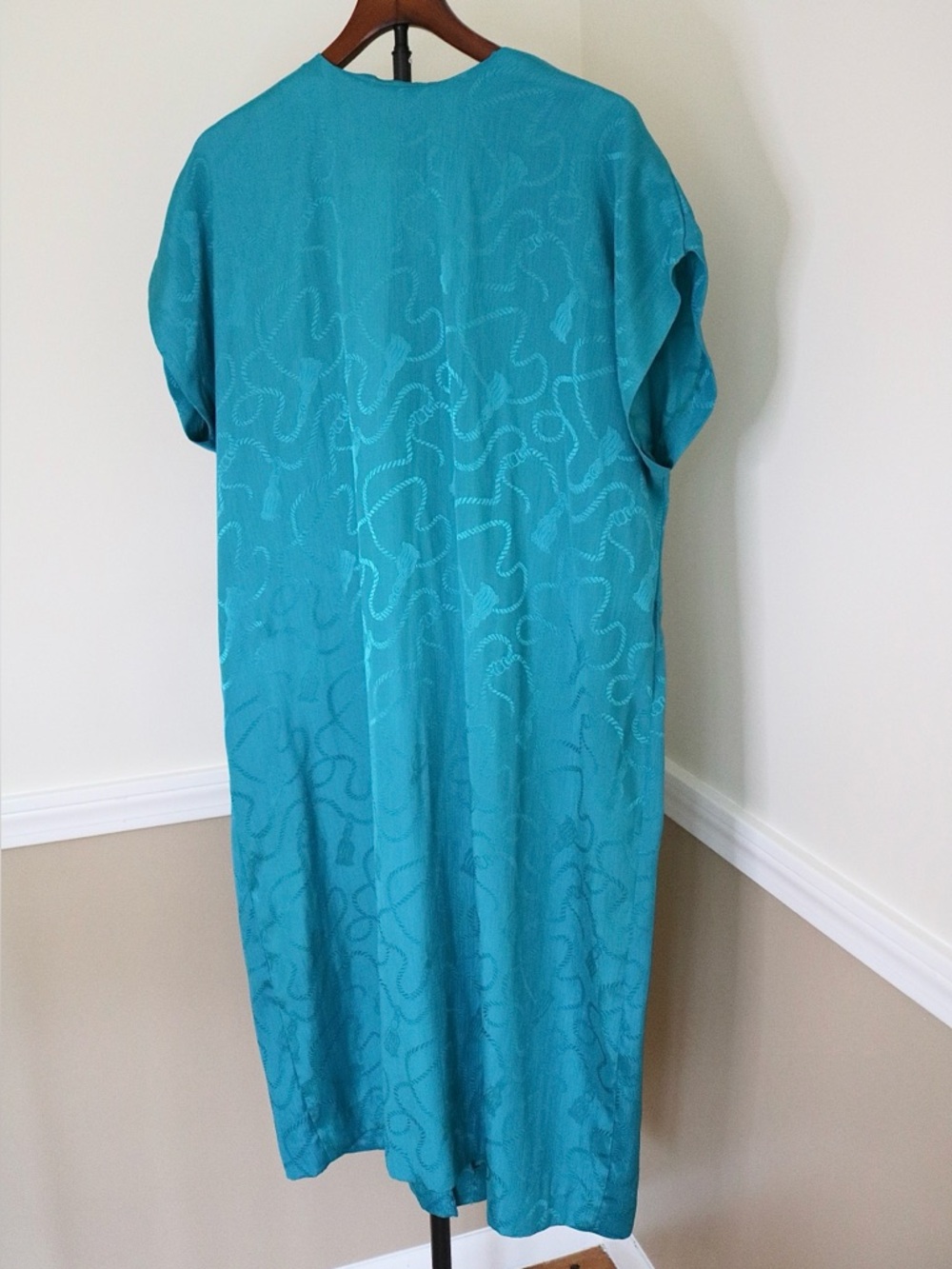 Teal Short-Sleeve Midi Dress Vintage Silk